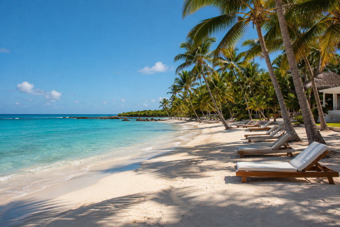Playa de Bayahibe en República Dominicana con aguas turquesa y palmeras