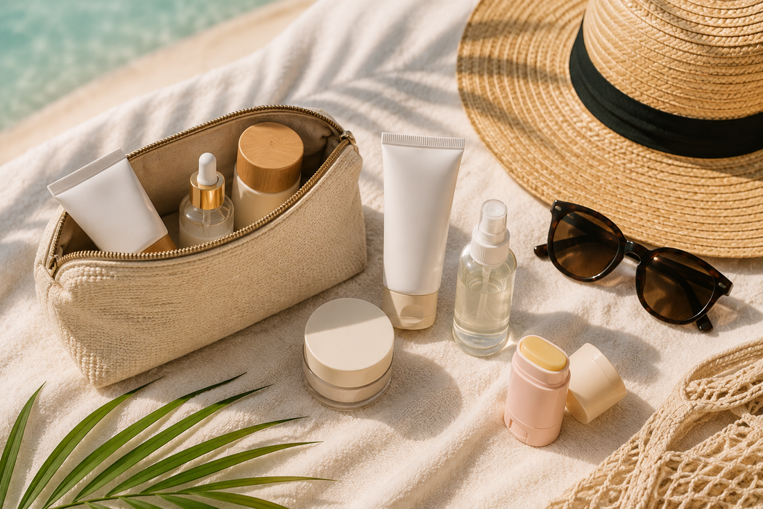 Neceser de viaje con productos de skincare esenciales para cuidar la piel en vacaciones, Clínica Alviva